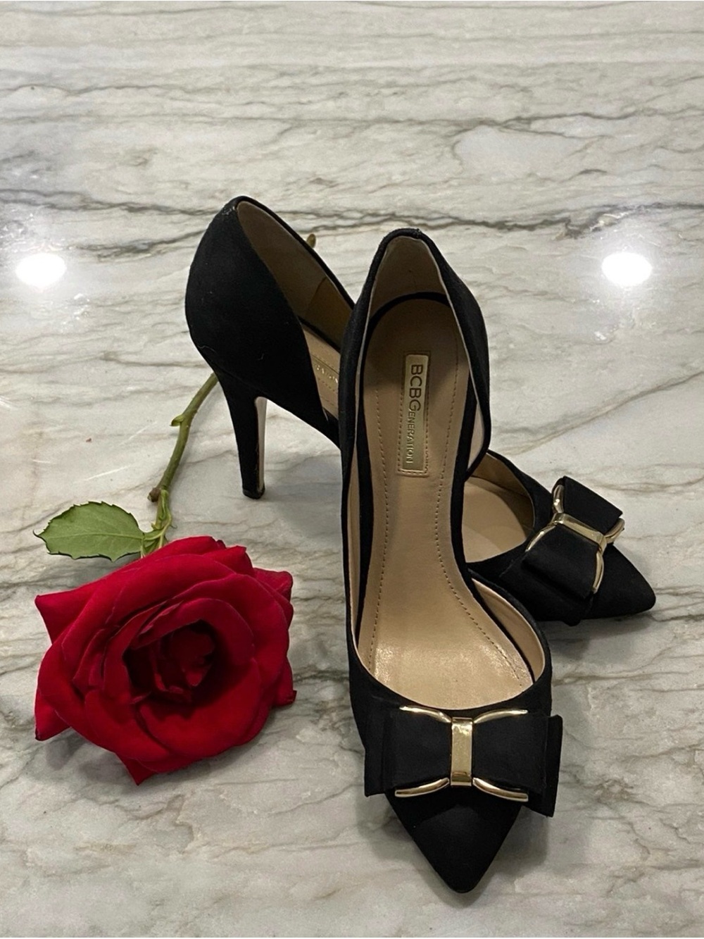 BCBG Black Pointed-Toe Bow Stiletto Heels with Gold Accent